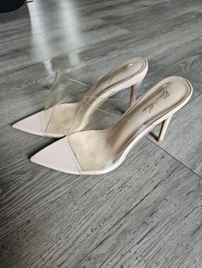 4/$20 GeniShuo Clear Strap Pointed Toe Heels Nude Pink Mules Size 10